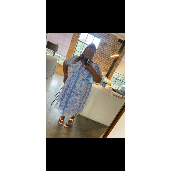 LC Lauren Conrad Floral Pleated Empire Waist Chiffon V Neck Midi Dress Blue 3X - Picture 11 of 12